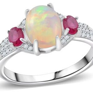 Ethiopian Welo Opal, Ruby, and White Zircon 1.90 Carat Ring in Sterling Silver
